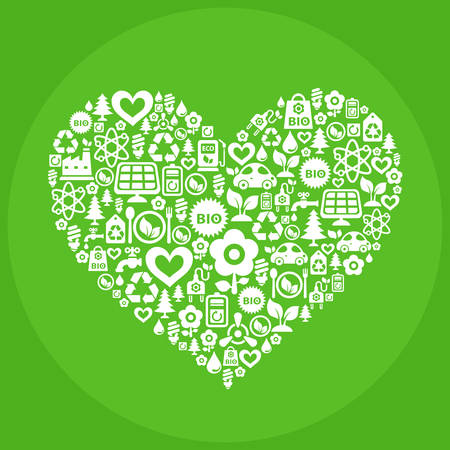 Vector Go Green ecological illustration with heart shape contained of ecology iconsのイラスト素材