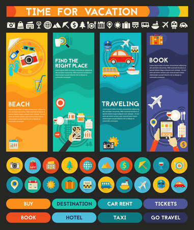 Time for travel four concept banners with UI elements. Four vector illustrations and collection of banners, icons and buttons for mobile app and website UI designsのイラスト素材