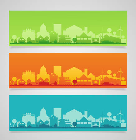 Vector collection of 3 horizontal banners with small town or village silhouettesのイラスト素材