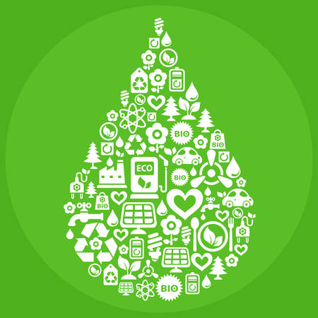 Vector Go Green ecological illustration with water drop shape contained of ecology iconsのイラスト素材