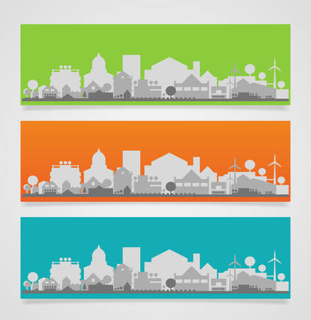 Vector collection of 3 horizontal banners with small town or village silhouettesのイラスト素材
