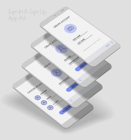 Trendy 3d responsive mobile UI templates of login and registration mobile app template on light backgroundsのイラスト素材