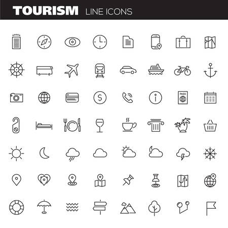 Vector big set of trendy linear icons of travel and tourism metaphorsのイラスト素材