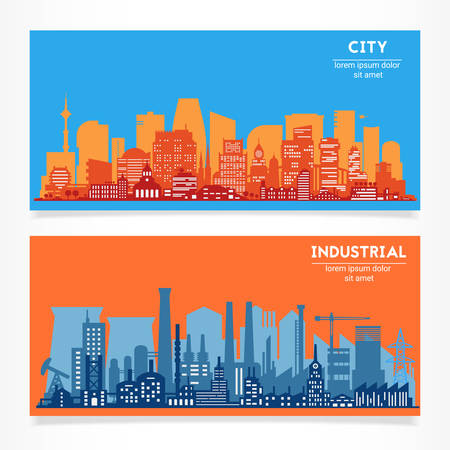 Vector horizontal banners skyline Kit with various parts of city - factories, refineries, power plants and big city districts. Illustration divided on layers for create parallax effectのイラスト素材