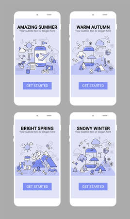 Weather and seasonal conceptual line banner and splash screen illustration for mobile apps. Spring, Summer, Autumn, Winter. Line design vector illustration online web bannerのイラスト素材