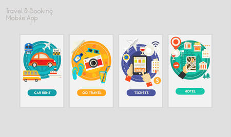 Flat design responsive Travel and Booking UI mobile app splash screens template with trendy illustrationsのイラスト素材