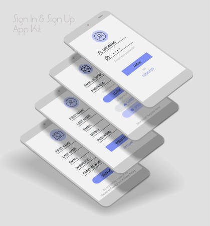 Trendy 3d responsive mobile UI templates of login and registration mobile app template on light backgroundsのイラスト素材