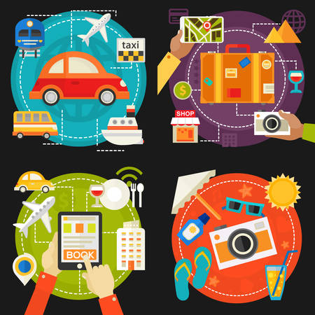 Travelling and Tourism Concepts - Sightseeing and Shopping, Searching and Booking, Holidays and Vacation On the Beach, Transportation. banners collection in flat design stylesのイラスト素材