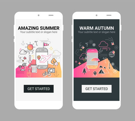 Weather line illustration splash app screen mobile mockupのイラスト素材