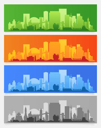 Cityscape sets with various parts of a city. Small towns or suburbs and downtown silhouettesのイラスト素材