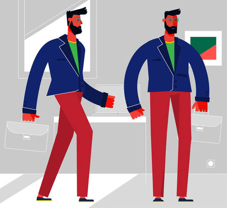 Office workers at office interior, managers, businessmen and businesswomen working together in the company. Vector illustration in trendy flat simple styleのイラスト素材