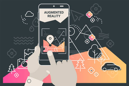 Augmented reality mobile app concept, for travelling navigation and outdoor activity, mobile geolocation and augmented reality contentのイラスト素材