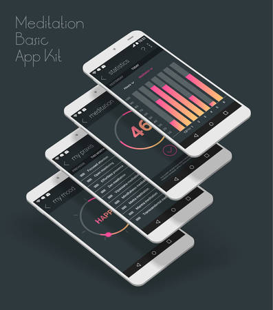 Flat design responsive Health and Mood Control UI mobile app template with trendy blurred backgrounds and 3d smartphone mockupsのイラスト素材
