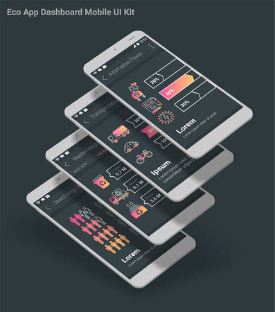 Flat design Management and Administration Dashbord Eco New Energy inforgraphics UI mobile app template on light background, with 3d smartphone mockups and infographics charts kitのイラスト素材