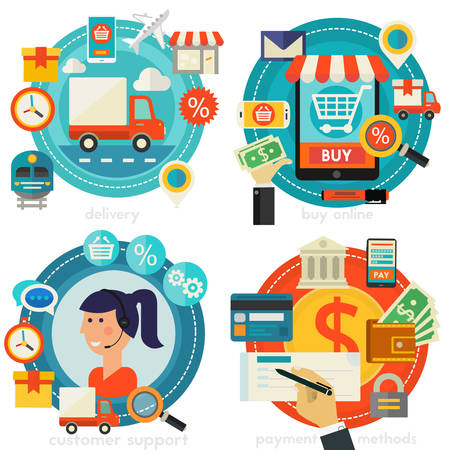 Online Shopping, Customer and Technical Support and Call Senter concept banners. Flat style vector illustration online web bannersのイラスト素材