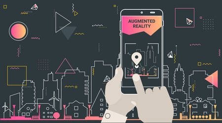 Augmented reality mobile app concept, for travelling navigation and outdoor activity, mobile geolocation and augmented reality contentのイラスト素材