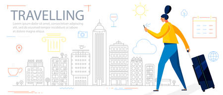 Traveling Concept Banner. Trendy Character Design Illustrationのイラスト素材