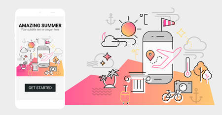 Weather and seasonal conceptual line banner and splash screen illustration for mobile apps. Spring. Line design vector illustration online web bannerのイラスト素材