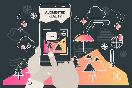 Augmented reality mobile app concept, for travelling navigation and outdoor activity, mobile geolocation and augmented reality contentのイラスト素材