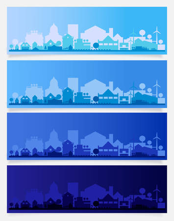 Cityscape sets with various parts of a city. Small towns or suburbs and downtown silhouettesのイラスト素材