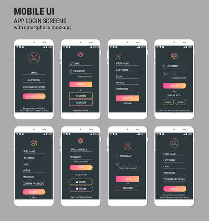 Trendy responsive mobile UI templates of login and registration mobile app template with smartphone mockupsのイラスト素材