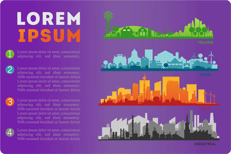 Abstract stylish cityscape infographics. Infographics elements collection with town, city, farm and industrial districts, with infographics elements and industry iconsのイラスト素材