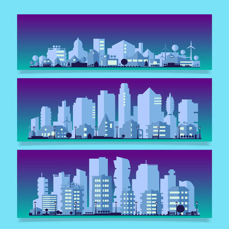 Vector horizontal banners with industrial part of city. Factories, refineries and power plantsのイラスト素材