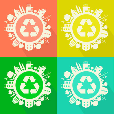 Cartoon Eco City concept. Eco style illustration, four colored versionsのイラスト素材