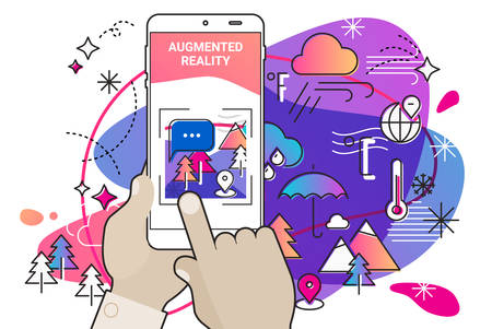 Augmented reality mobile app concept, for travelling navigation and outdoor activity, mobile geolocation and augmented reality contentのイラスト素材