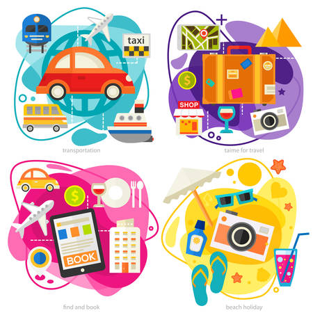 Time for travel four concept banners. Square composition, vector illustrations. Trendy ameoba styleのイラスト素材