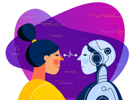 The female human and female robot with artificial intelligence looking at each other. Trendy bright linear illustrationのイラスト素材