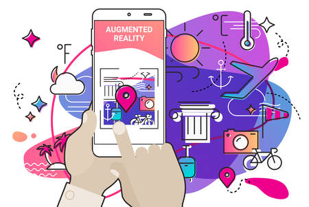 Augmented reality mobile app concept, for travelling navigation and outdoor activity, mobile geolocation and augmented reality contentのイラスト素材