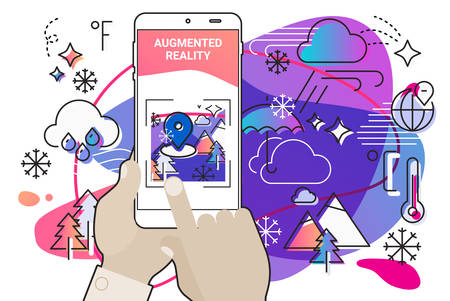 Augmented reality mobile app concept, for travelling navigation and outdoor activity, mobile geolocation and augmented reality contentのイラスト素材
