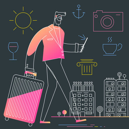 Traveling Concept Banner. Trendy Character Design Illustrationのイラスト素材