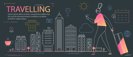 Traveling Concept Banner. Trendy Character Design Illustrationのイラスト素材