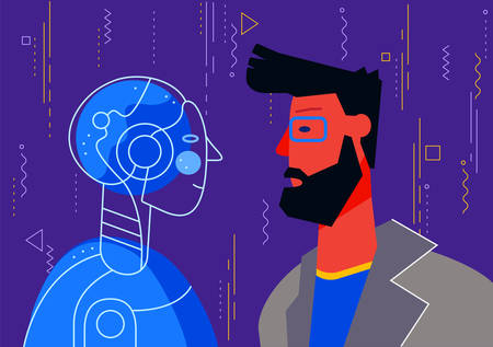 The male human and male robot with artificial intelligence looking at each other. Trendy bright linear illustrationのイラスト素材