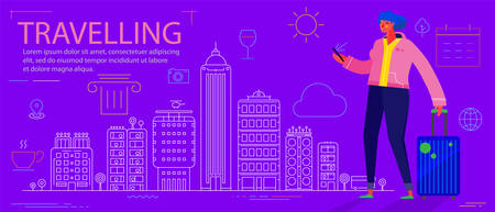Traveling concept banner with characters. Tourism and Vacancies. Traveling Aloneのイラスト素材