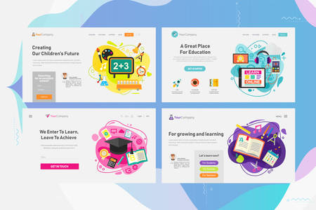 Responsive landing page and one page website design template mockups collection for education - classical education and library, high and elementary school education, online courses and e-learning. Flat style vector illustration web page setのイラスト素材