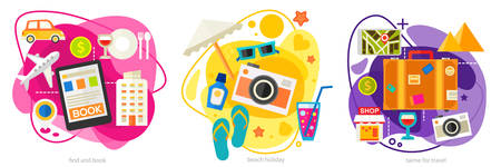 Time for travel three concept banners. Trendy ameoba style, vector illustrations.のイラスト素材