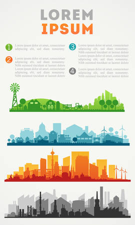 Abstract stylish cityscape infographics. Infographics elements collection with town, city, farm and industrial districts, with infographics elements and industry iconsのイラスト素材