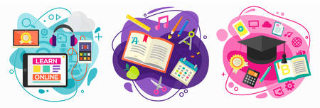 Education Concept - Classical education and library, high school education, back to school, e-learning. Flat style vector illustration online web bannerのイラスト素材