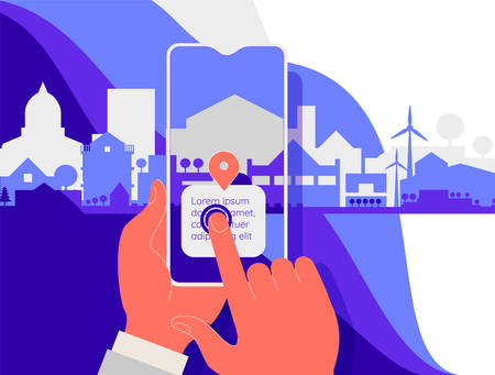 Augmented reality mobile app concept, for travelling navigation and outdoor activity, mobile geolocation and augmented reality content. Trendy vector illustrationのイラスト素材