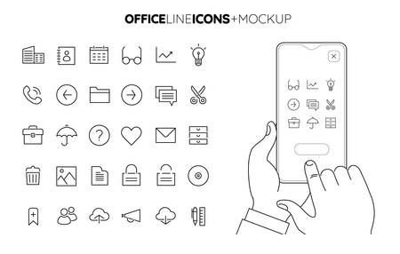Line Office icon set with line hands holding smartphone mockupのイラスト素材