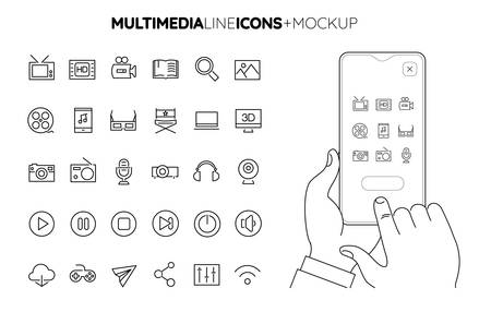 Line Multimedia icon set with line hands holding smartphone mockupのイラスト素材