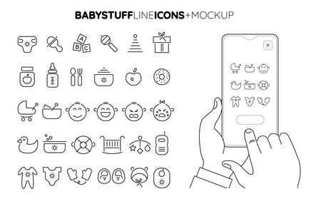 Trendy line Baby Stuff icons collection with line hands holding smartphone mockupのイラスト素材