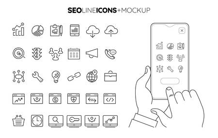 Line SEO icon set with line hands holding smartphone mockupのイラスト素材