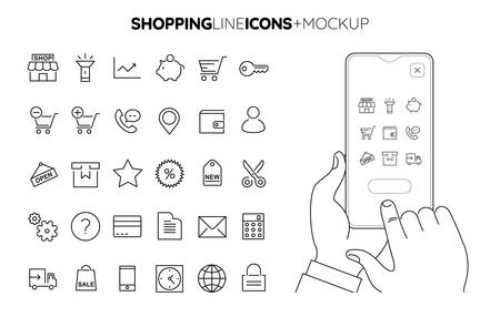 Line Shopping icon set with line hands holding smartphone mockupのイラスト素材