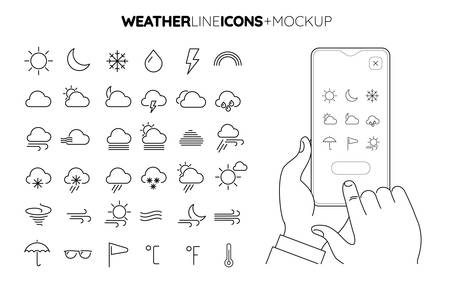Line weather icon set with line hands holding smartphone mockupのイラスト素材