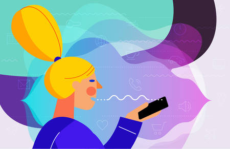 Concept banner with woman using voice assistant mobile app. At home and work, everywhereのイラスト素材