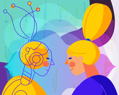 Concept banner with woman using his voice to command to the robot. Robotic voice assistant concept. Trendy bright linear illustration. At home and work, everywhereのイラスト素材